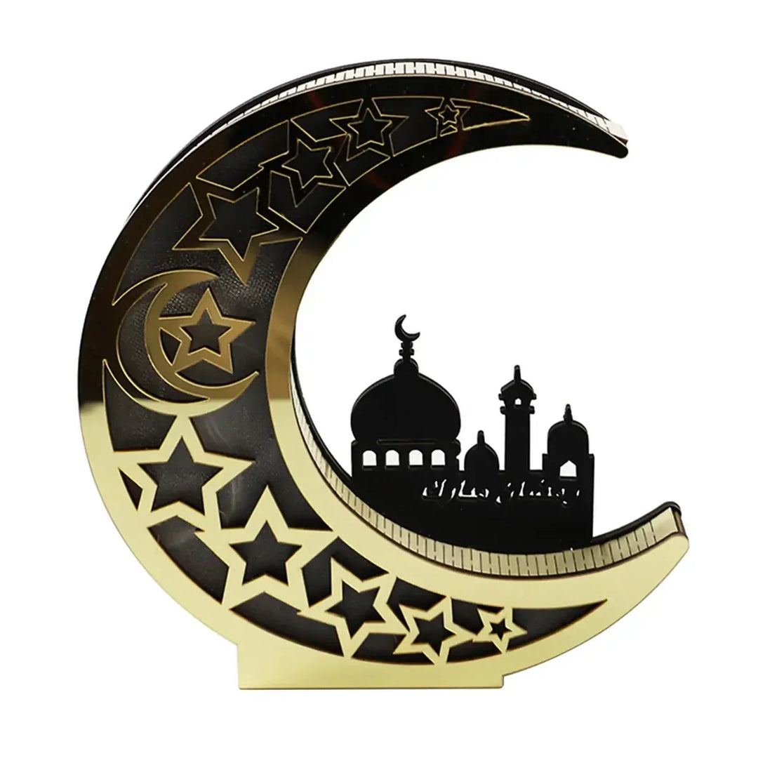 Goldene LED-Nachtlampe mit Halbmond und Moschee-Motiv, ideal für Eid-Dekoration.