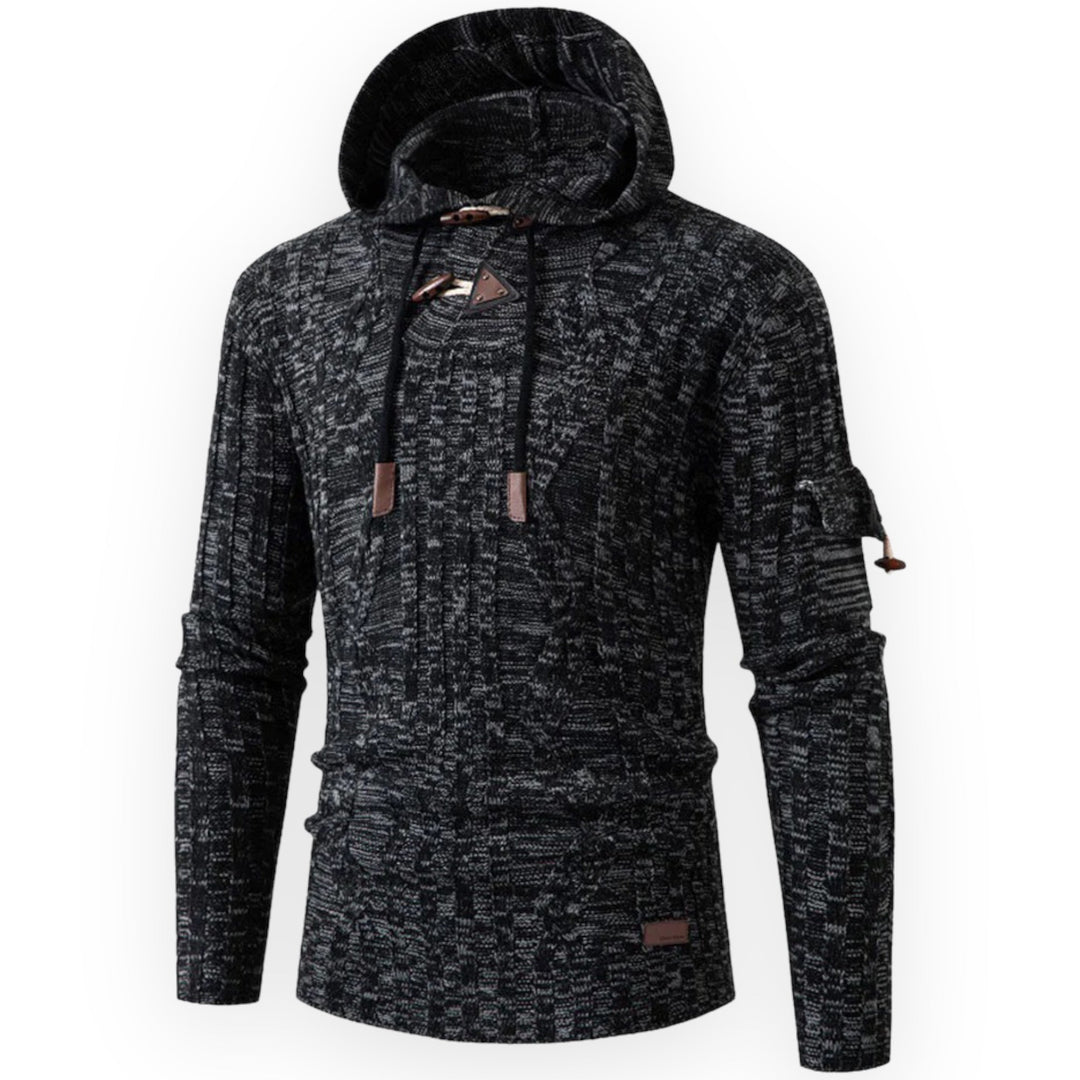 Schwarzer Herren-Hoodie mit Kapuze, Strickmuster, Kordelzug, Langarm, modisch, bequem.