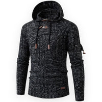 Schwarzer Herren-Hoodie mit Kapuze, Strickmuster, Kordelzug, Langarm, modisch, bequem.