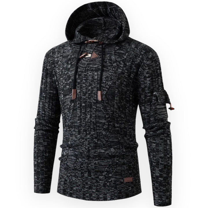 Schwarzer Herren-Hoodie mit Kapuze, Strickmuster, Kordelzug, Langarm, modisch, bequem.
