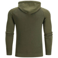 Olivgrüner Kapuzenpullover aus Baumwolle, Herrenmode, Rückansicht, Strickmuster, Langarm.
