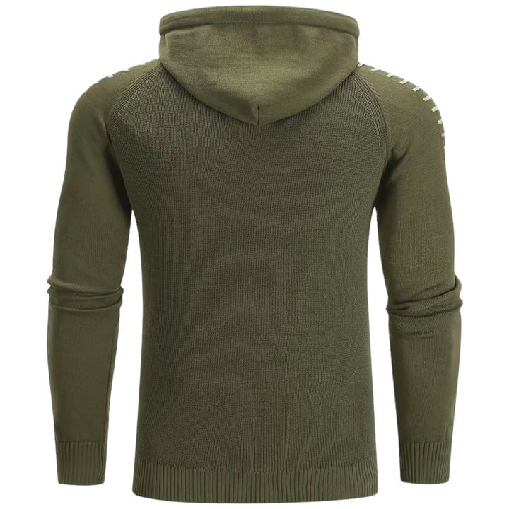 Olivgrüner Kapuzenpullover aus Baumwolle, Herrenmode, Rückansicht, Strickmuster, Langarm.