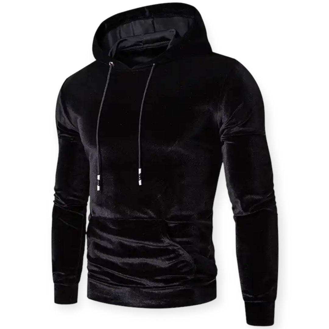 Schwarzer Samt-Hoodie für Herren, langärmelig, Kapuze, modisch, bequem, Freizeitkleidung.