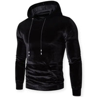 Schwarzer Samt-Hoodie für Herren, langärmelig, Kapuze, modisch, bequem, Freizeitkleidung.