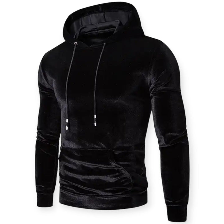 Schwarzer Samt-Hoodie für Herren, langärmelig, Kapuze, modisch, bequem, Freizeitkleidung.