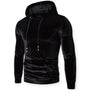 Schwarzer Samt-Hoodie für Herren, langärmelig, Kapuze, modisch, bequem, Freizeitkleidung.
