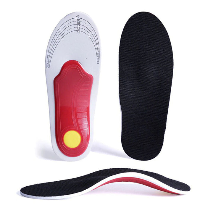 Orthopädische Einlegesohlen, schwarz-rot, für Fußunterstützung und Komfort, Größe 35-40.