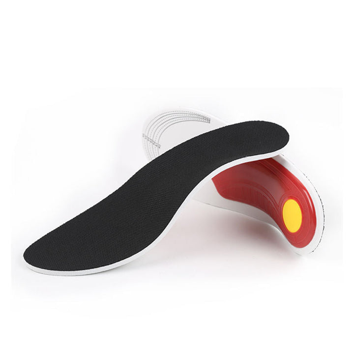 Schwarze orthopädische Einlegesohle mit rotem Fersenpolster, ergonomisch, stoßdämpfend.