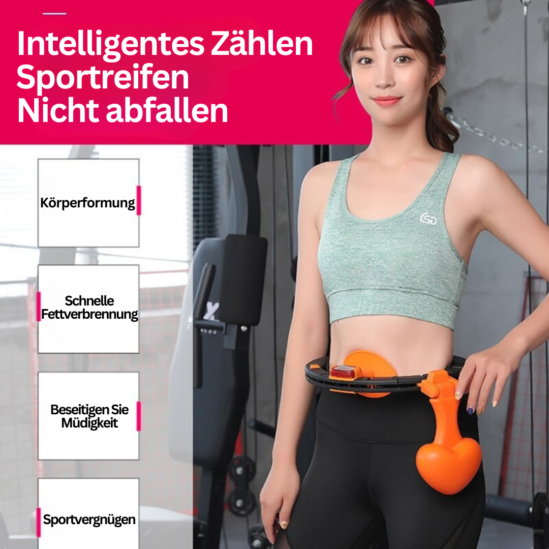 Frau mit grauem Sport-BH und intelligentem Fitnessreifen im Fitnessstudio, Gewichtsverlust.