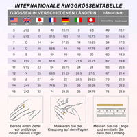 Internationale Ringgrößentabelle mit Anleitungen, USA, Japan, Frankreich, Deutschland, Italien.