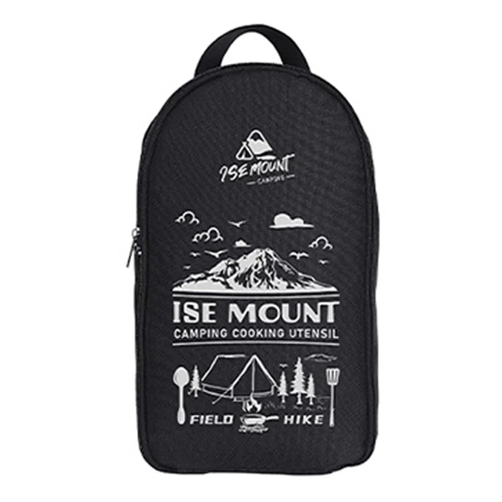 Schwarzer Camping-Rucksack mit Bergmotiv, ideal für Outdoor-Aktivitäten und Wandern.