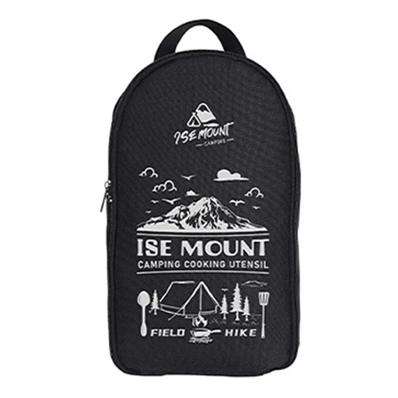 Schwarzer Camping-Rucksack mit Bergmotiv, ideal für Outdoor-Aktivitäten und Wandern.