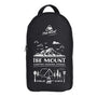 Schwarzer Camping-Rucksack mit Bergmotiv, ideal für Outdoor-Aktivitäten und Wandern.