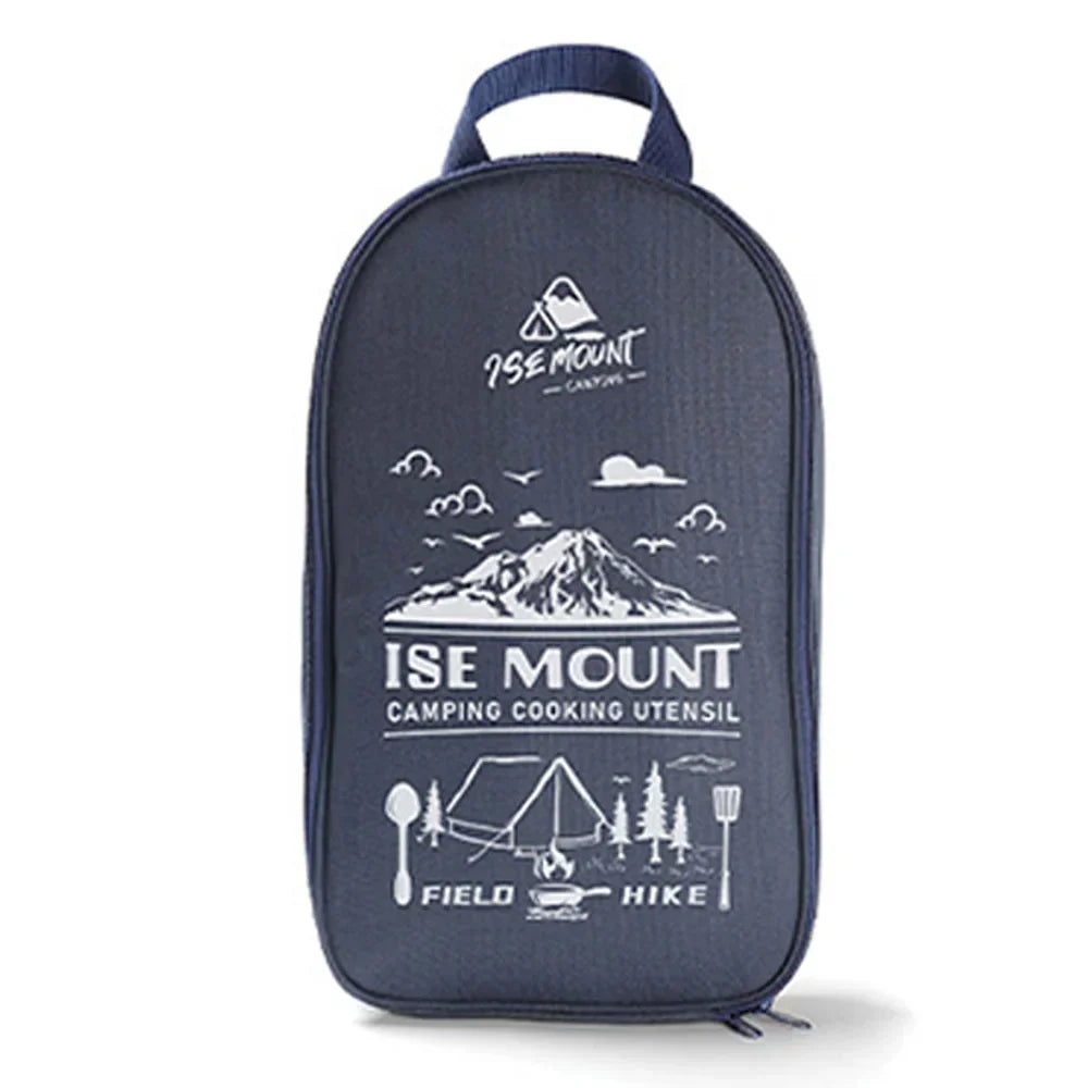 Dunkelblaue Camping-Kochutensil-Tasche mit Bergmotiv, Reißverschluss und Tragegriff.