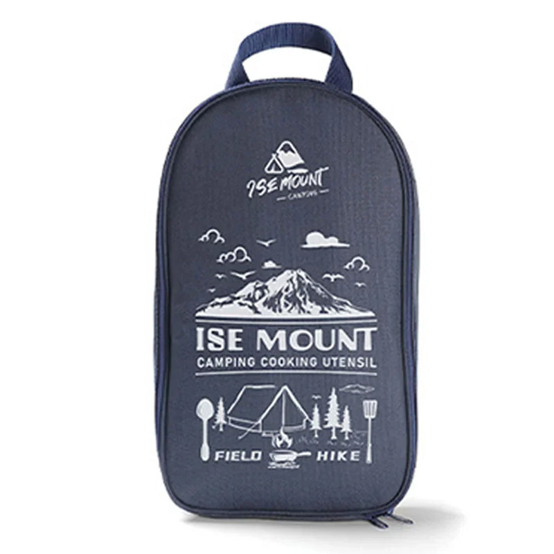 Dunkelblaue Camping-Kochutensil-Tasche mit Bergmotiv, Reißverschluss und Tragegriff.