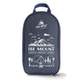 Dunkelblaue Camping-Kochutensil-Tasche mit Bergmotiv, Reißverschluss und Tragegriff.