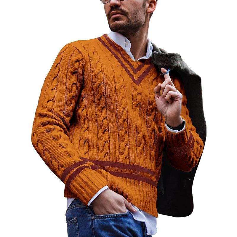 Mann im orangefarbenen Zopfmuster-Pullover, V-Ausschnitt, Herbstmode, lässiger Stil.