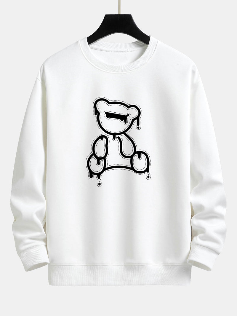 Weißer Pullover mit abstraktem Bärenmotiv, Unisex, Baumwolle, modisch, lässig.