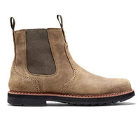 Beige Chelsea-Boots aus Wildleder, elastische Einsätze, robuste Sohle, Herrenmode, Herbstschuhe.