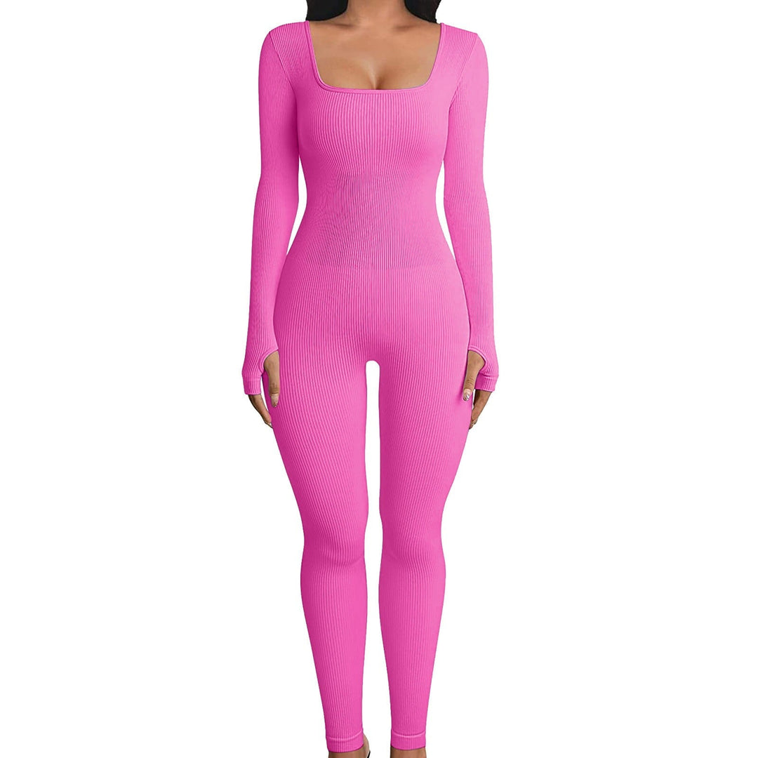 Fuchsiafarbener Langarm-Jumpsuit für Damen, nahtlos, figurbetont, modisch, bequem.