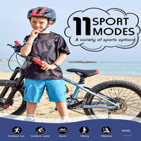 Junge mit Fahrrad am Strand, trägt Helm und Sportkleidung, 11 Sportmodi, Outdoor-Aktivitäten.