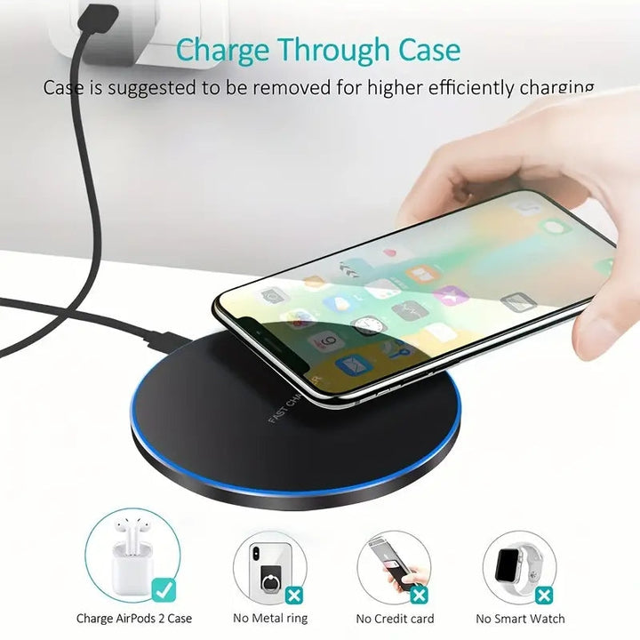 Kabelloses Ladegerät mit Smartphone, schwarz, rund, LED-Ring, schnelles Laden, kompatibel mit Hülle.