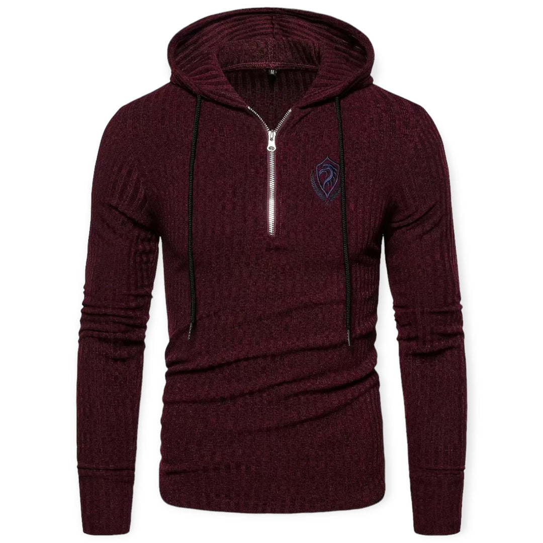 Bordeauxfarbener Herrenpullover mit Kapuze, Reißverschluss, Strickmuster, modisch, bequem.