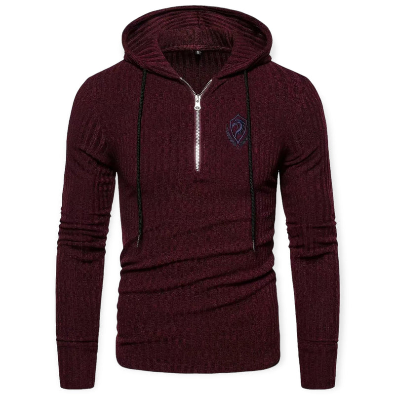 Bordeauxfarbener Herrenpullover mit Kapuze, Reißverschluss, Strickmuster, modisch, bequem.