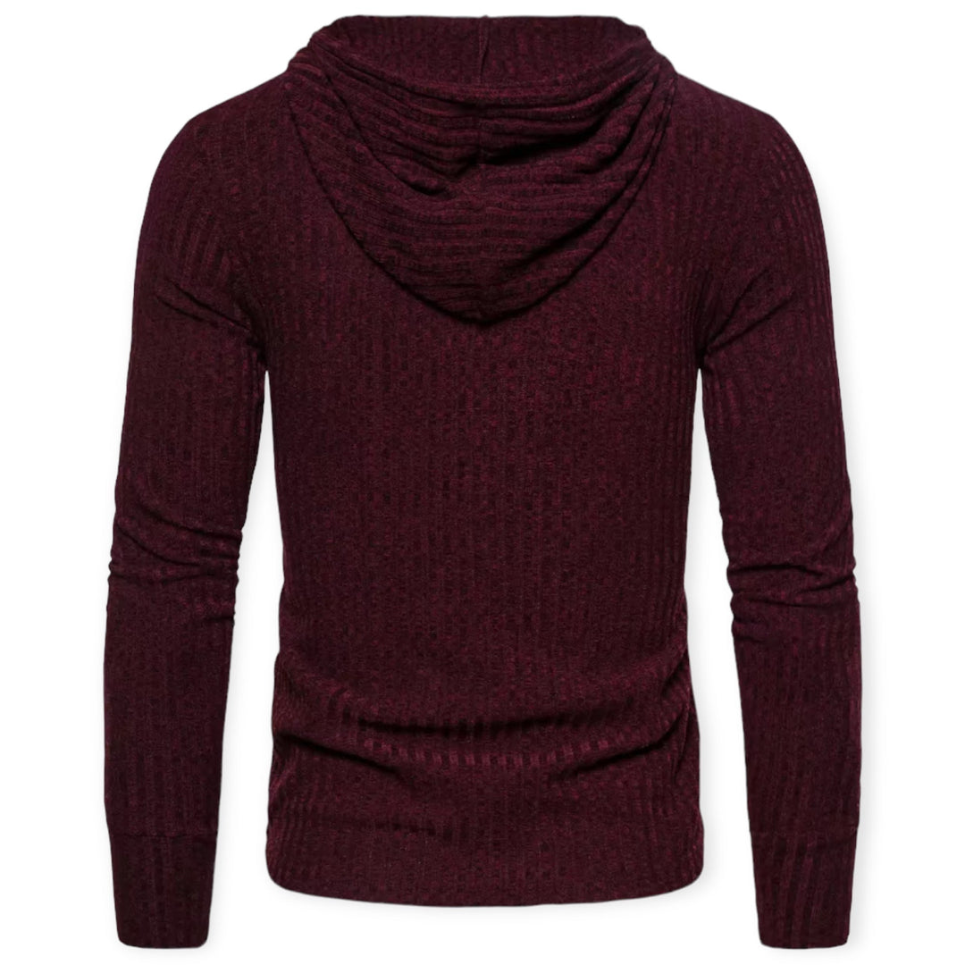 Bordeauxfarbener Herren-Hoodie aus Strickstoff, Rückansicht, modisch, bequem, langärmelig.