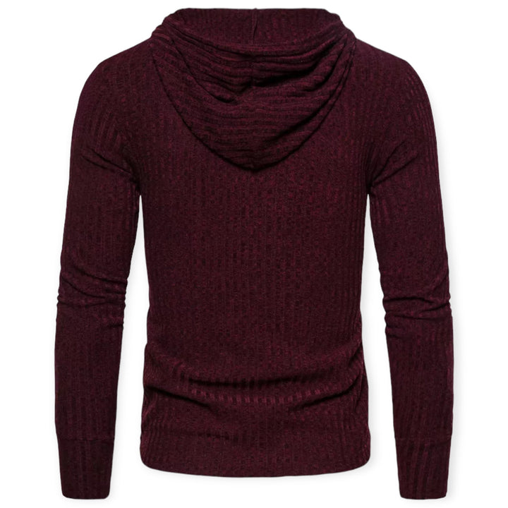 Bordeauxfarbener Herren-Hoodie aus Strickstoff, Rückansicht, modisch, bequem, langärmelig.