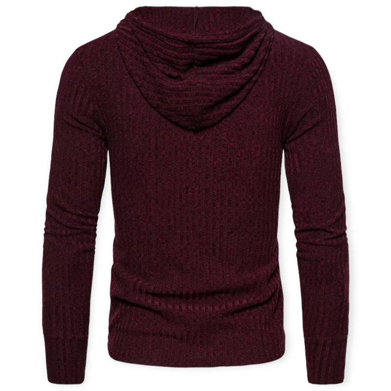 Bordeauxfarbener Herren-Hoodie aus Strickstoff, Rückansicht, modisch, bequem, langärmelig.