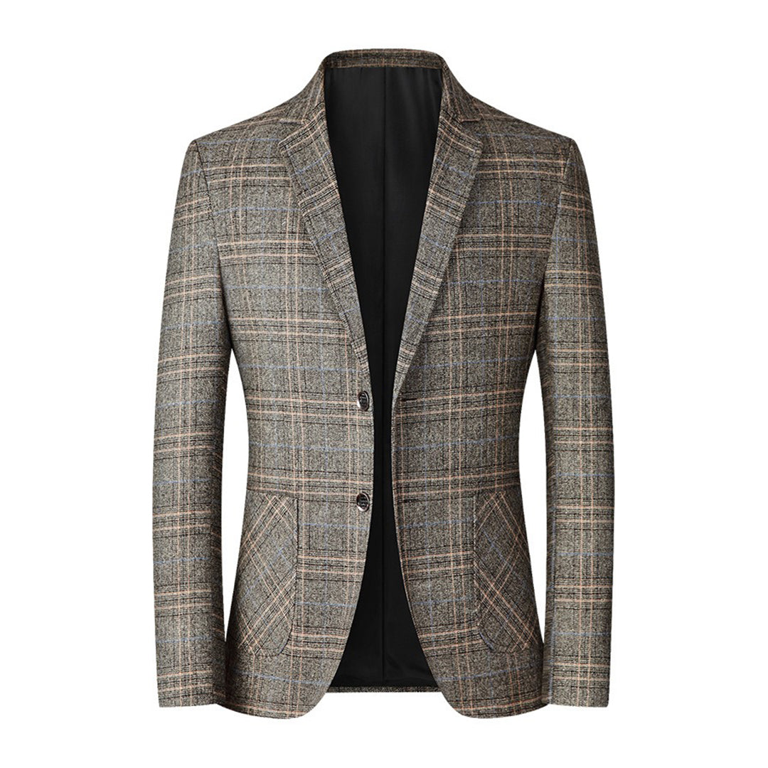Kariertes Herren-Sakko, khaki, Wolle, klassischer Schnitt, elegantes Design, modische Herrenmode.