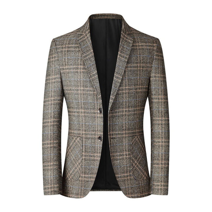 Kariertes Herren-Sakko, khaki, Wolle, klassischer Schnitt, elegantes Design, modische Herrenmode.