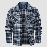 Herren Flanellhemd, langärmelig, kariert, Baumwolle, blau-weiß, Freizeit, zwei Brusttaschen.