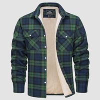 Grün-blau kariertes Herrenhemd mit Fleece-Futter, warm, langärmelig, Freizeitmode.