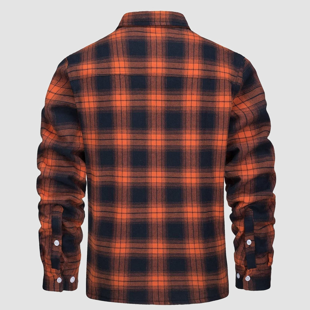 Orange-schwarzes kariertes Flanellhemd, langärmelig, Herrenmode, Rückansicht.