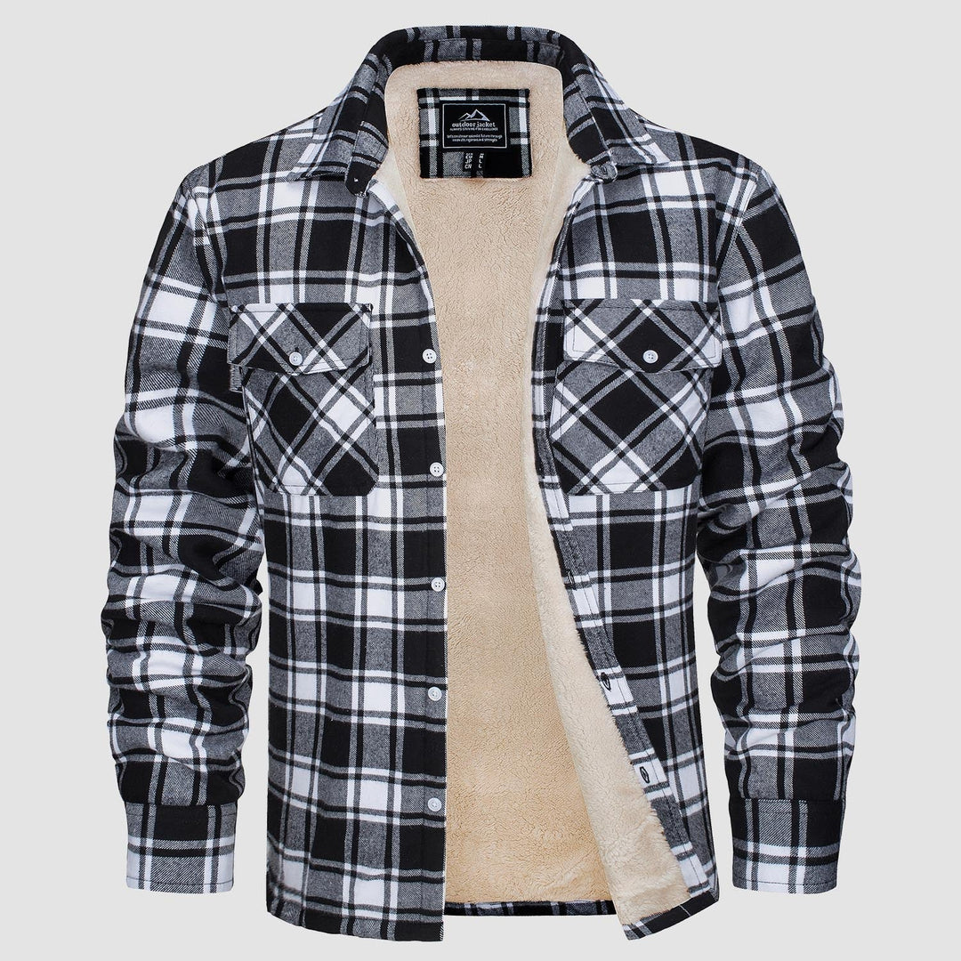 Schwarz-weiß kariertes Herrenhemd mit Fleece-Futter, warm, langärmelig, Freizeitmode.