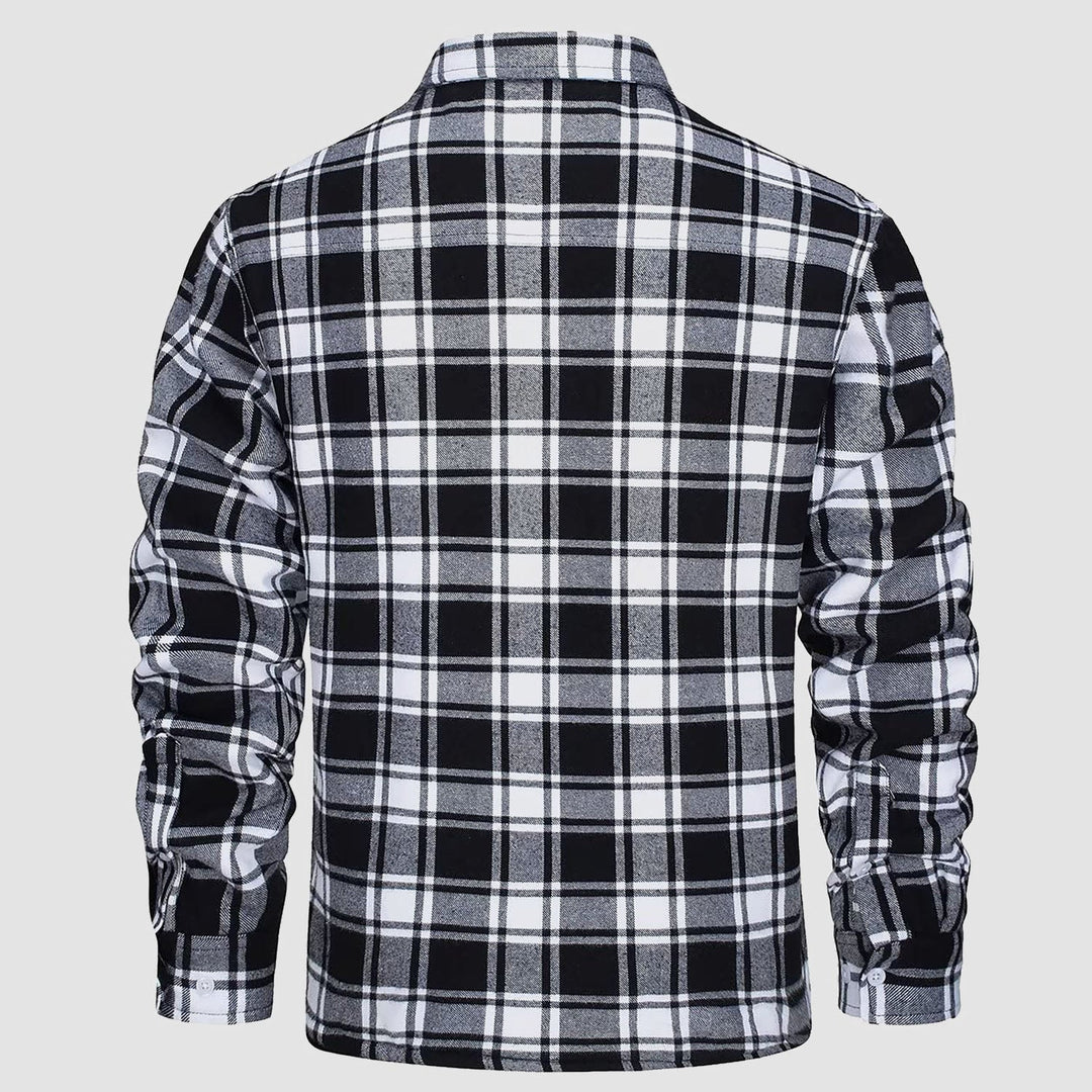 Schwarz-weiß kariertes Flanellhemd, langärmelig, Herrenmode, Freizeitkleidung.