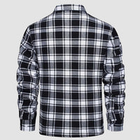 Schwarz-weiß kariertes Flanellhemd, langärmelig, Herrenmode, Freizeitkleidung.