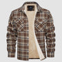 Braun kariertes Herrenhemd mit Fleece-Futter, Langarm, Knopfleiste, Wintermode.