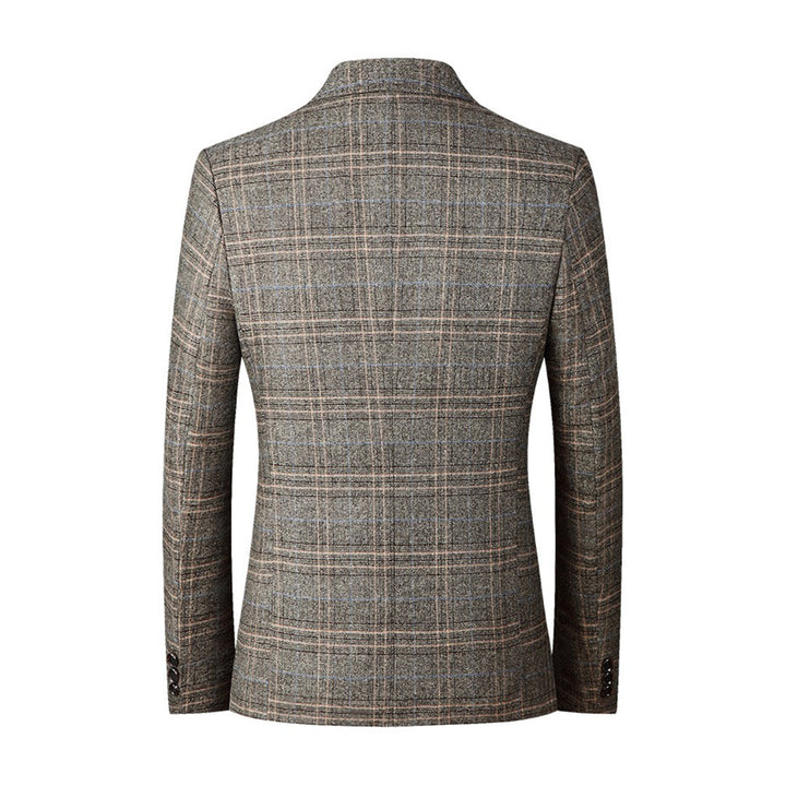Khaki karierter Herrenblazer, Rückansicht, Wollmischung, elegantes Design, modische Herrenmode.
