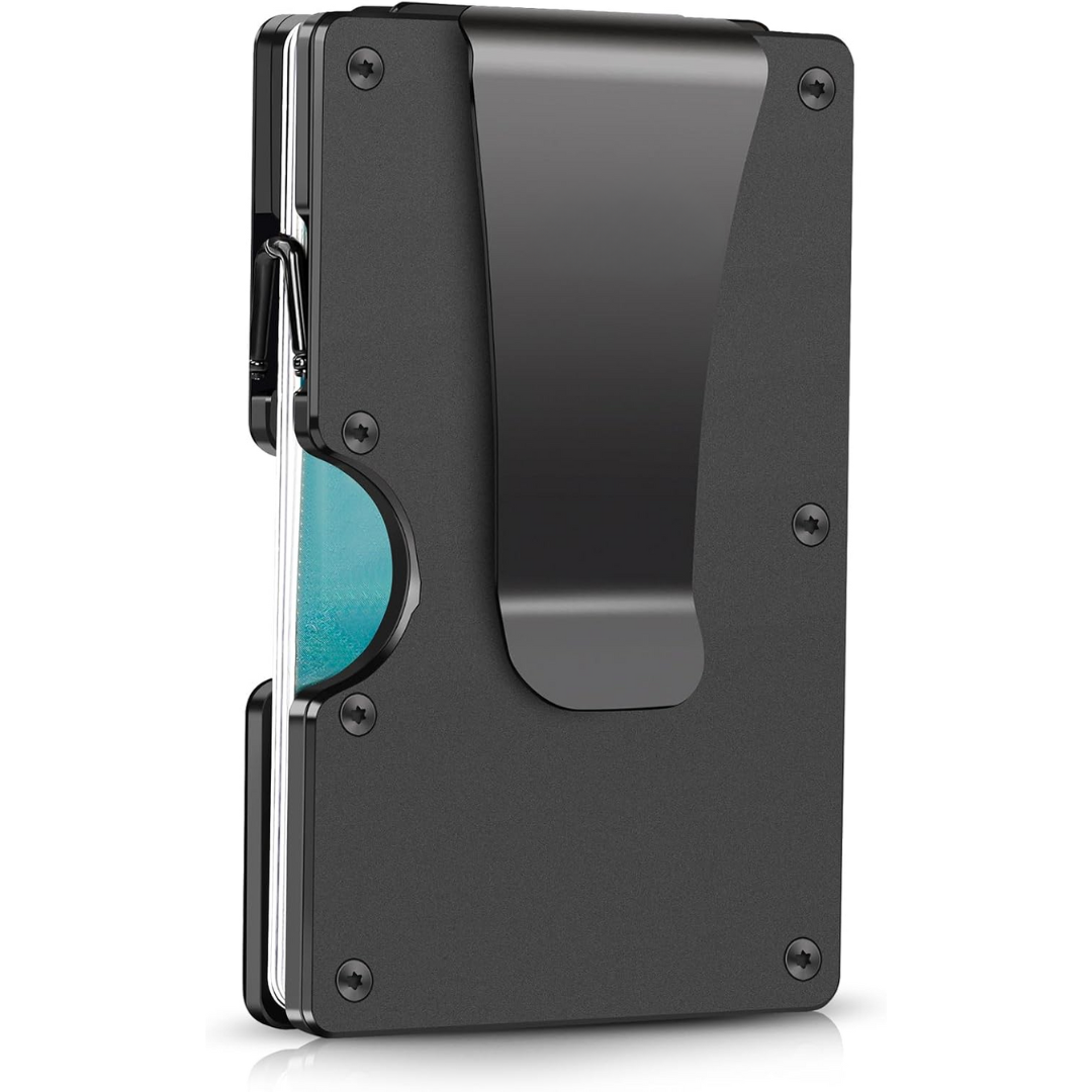 Schwarzer minimalistischer RFID-Blocker-Geldclip aus Metall für Karten und Bargeld.