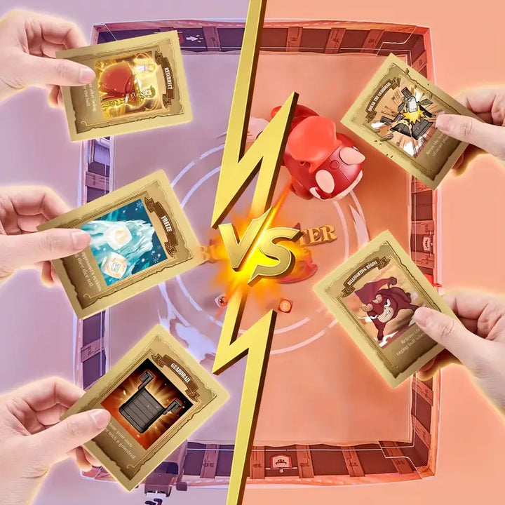 Hände halten Sammelkarten im Duell, gelber Blitz, Spielbrett, strategisches Kartenspiel.
