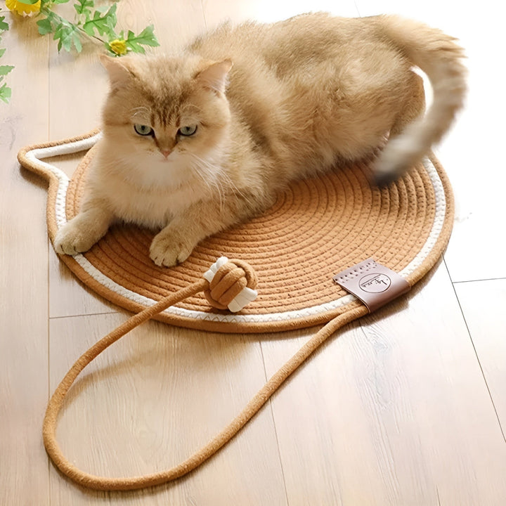 Katzenbett aus geflochtenem Seil, rund, beige, mit Spielzeug, auf Holzboden, gemütlich.