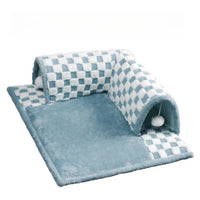 Katzentunnel und Bett aus Plüsch, kariert, blau-weiß, für Katzen, 2-in-1 Design, gemütlich.