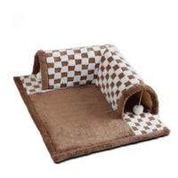 Katzentunnel und Bett, kariert, braun-weiß, Plüsch, 2-in-1, für Katzen, Spielzeug und Schlafplatz.