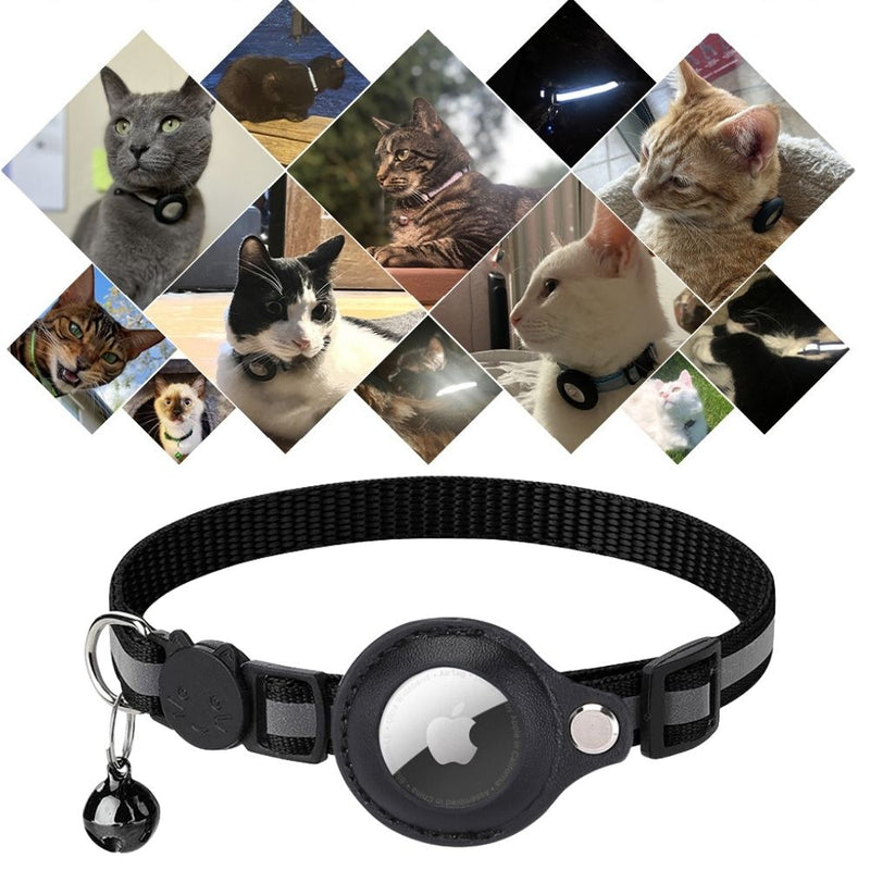Schwarzes Katzenhalsband mit AirTag-Halterung und Glöckchen, ideal für Haustier-Tracking.