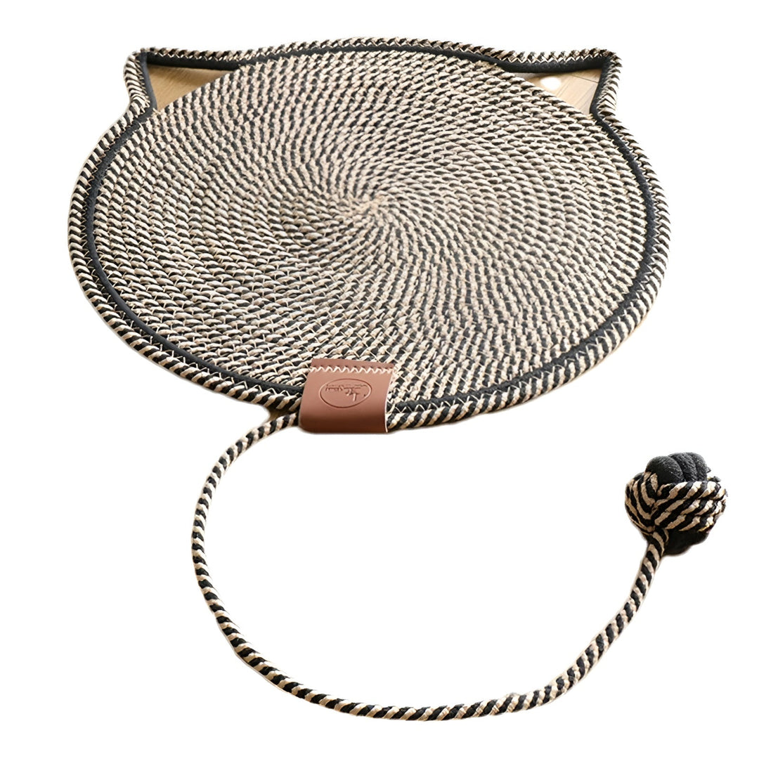 Katzenspielmatte aus geflochtenem Seil, schwarz-beige, mit Spielball, langlebig und kratzfest.