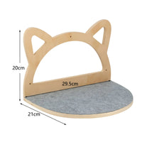 Katzenregal aus Holz, katzenförmig, 29,5 cm breit, 20 cm hoch, 21 cm tief, mit grauer Filzauflage.