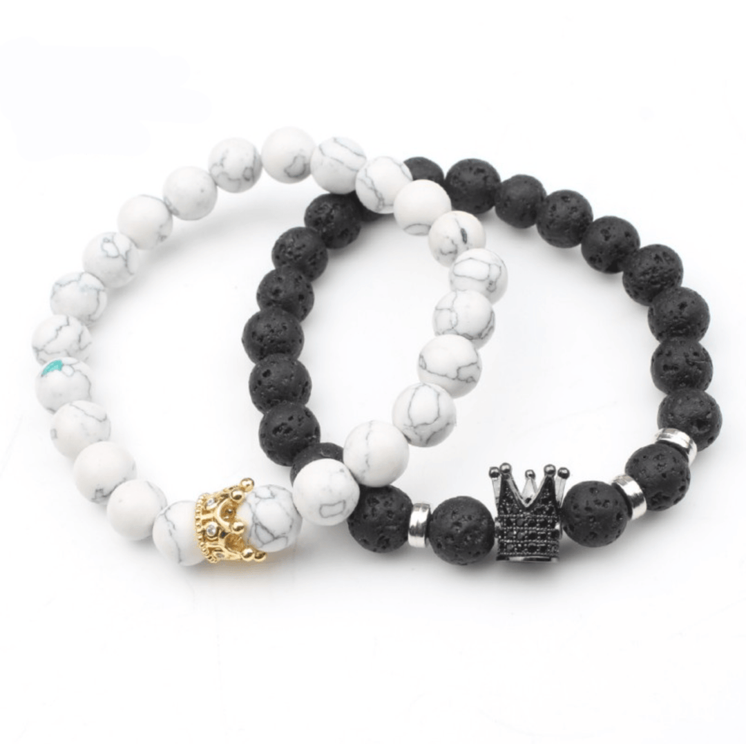 Schwarzes und weißes Partnerarmband-Set mit Krone, Obsidian und Howlith, Geschenkidee.